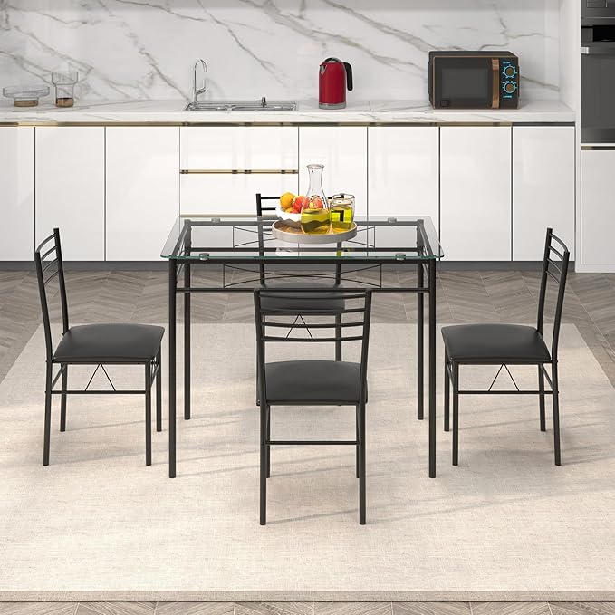 Giantex 5 Piece Dining Table Set, Kitchen Dining Set with Tempered Glass Table Top and 4 Upholstered Chairs, Dinette Set for 4 for Breakfast Nook Dining Room Kitchen (Black)