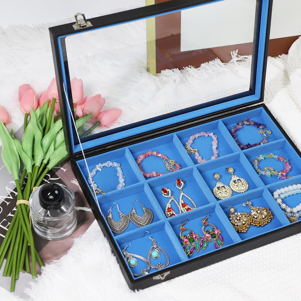 Stratalife Jewelry Organizer Bracelet Earring Holder Organizer Jewelry Drawer Storage Anti Tarnish Bangle Ring Holder Box for Women 12 Grid (Blue Black)