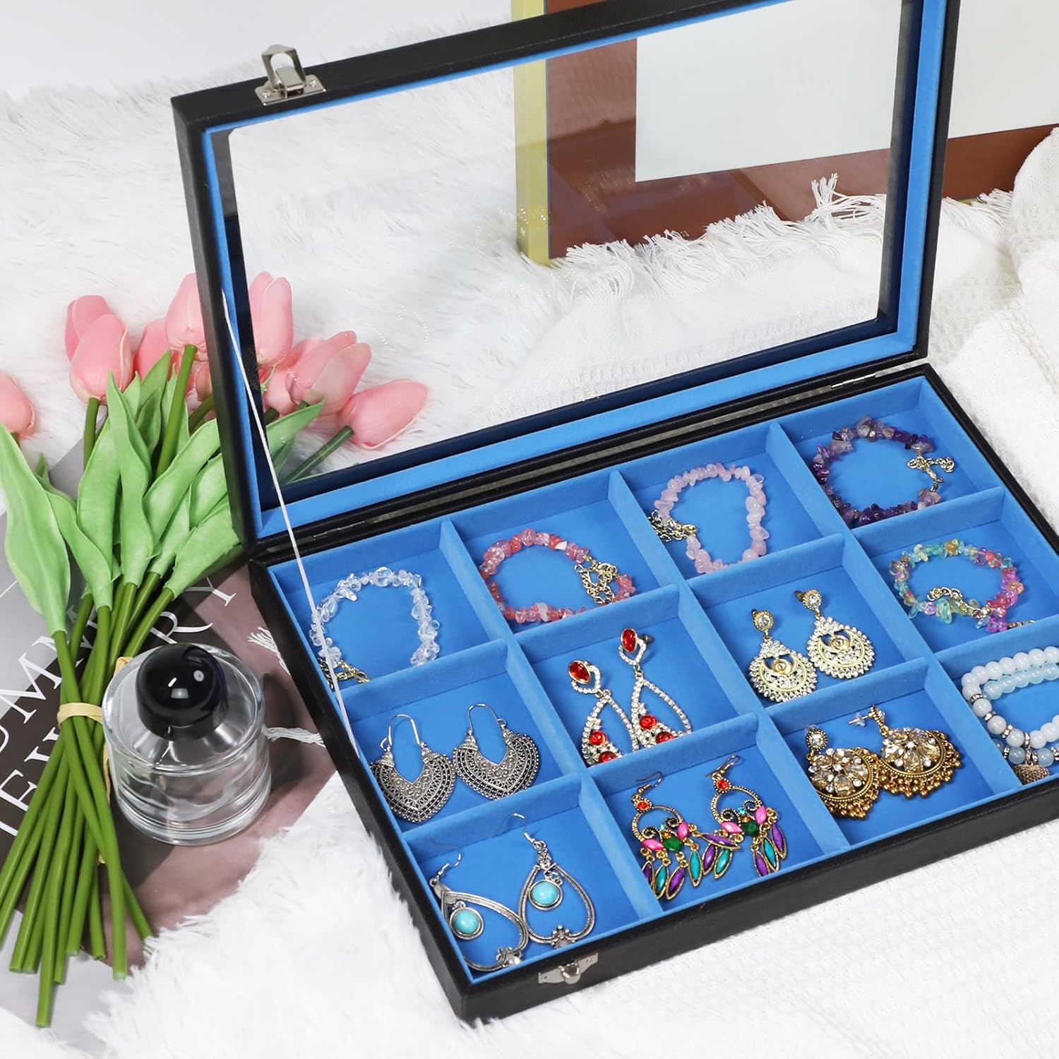 Stratalife Jewelry Organizer Bracelet Earring Holder Organizer Jewelry Drawer Storage Anti Tarnish Bangle Ring Holder Box for Women 12 Grid (Blue Black)
