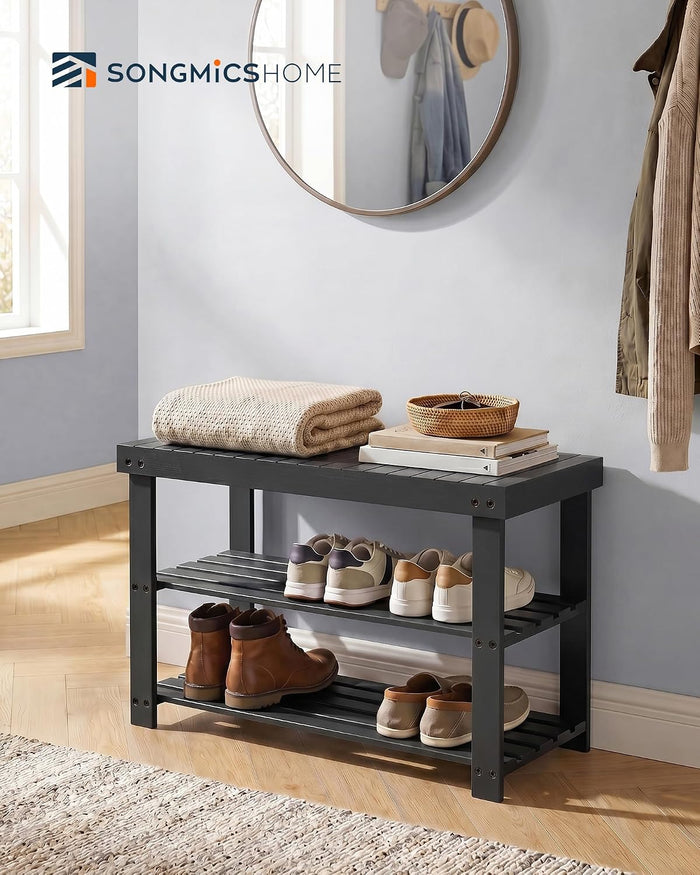 SONGMICS HOME 3-Tier Bamboo Shoe Bench, Shoe Rack, for Entryway Bathroom Bedroom, 11.5 x 27.8 x 18 Inches, Black