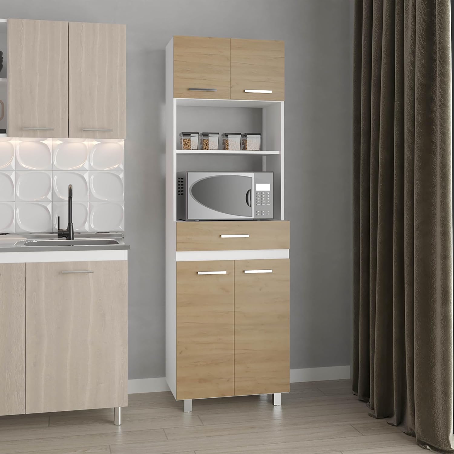 79" Tall Kitchen Pantry Cabinet with Storage,Open Shelves & Microwave Stand, Wooden Cupboard Credenza Bufffet Cabinet, Freestanding Kitchen Hutch for Living Room, Dining Room