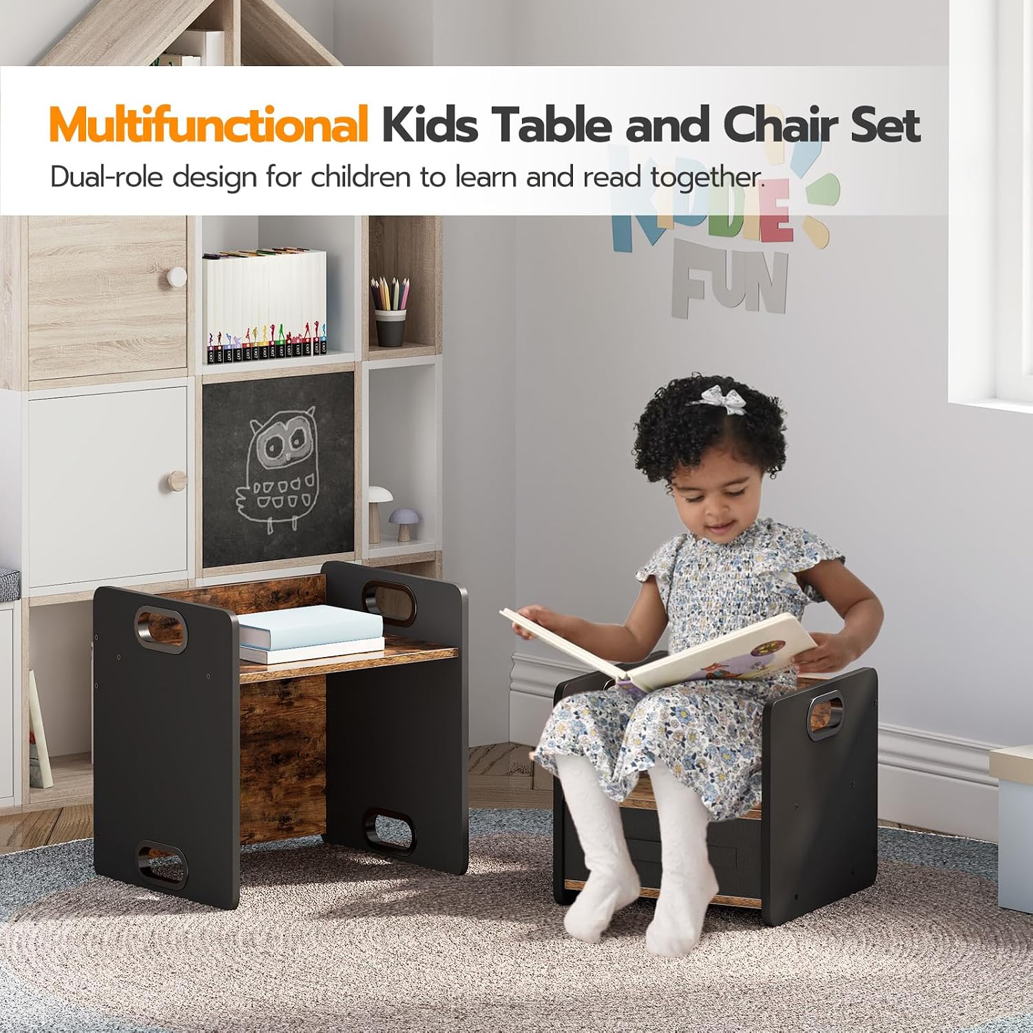 HOOBRO Weaning Table and Chair Set, Toddler Table and Chair Set, Furniture for Kids 1-3 Year Old, Kids Table and Chair for Reading, Rustic Brown and Black BF38JD01