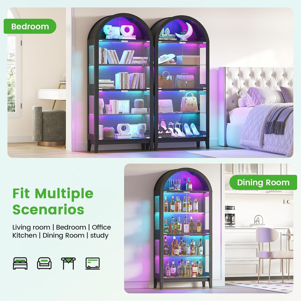 HNEBC Arched Display Case with RGB Lights, 69" Tall 5-Tier Tempered Glas...