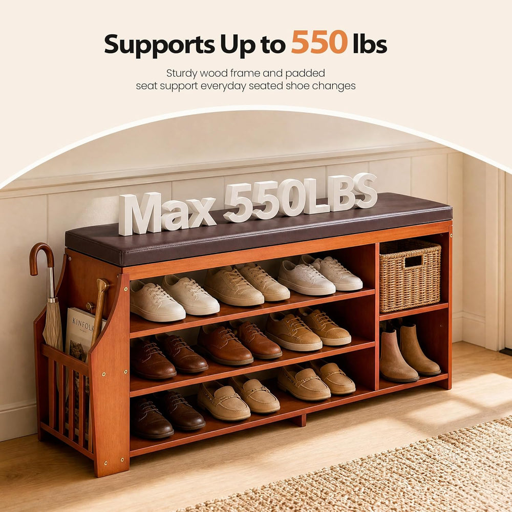 OAKHAM 50" Bamboo Shoe Storage Bench with Comfortable Padded Faux Leathe...