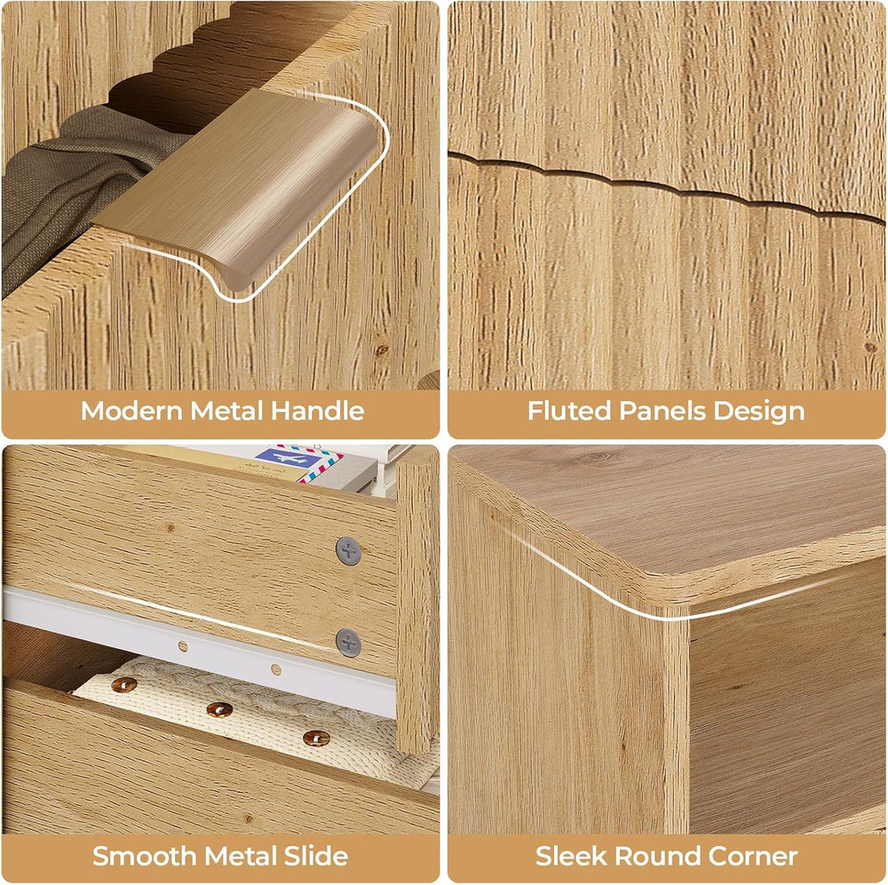 VIAGDO Fluted Nightstand with Charging Station and LED Lights, Modern Night S...