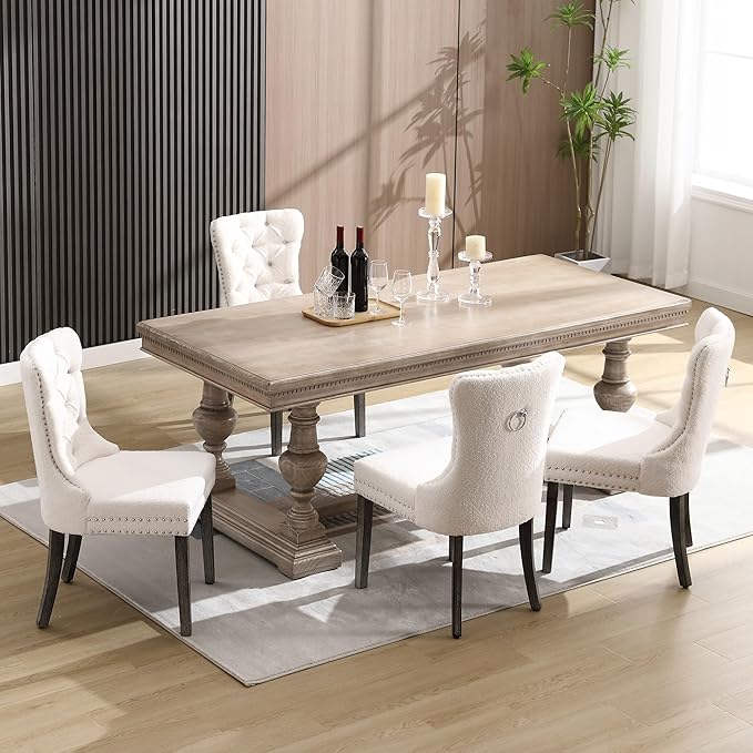 KCC Boucle Dining Chairs Set of 4, Upholstered High-end Tufted Dining Room Chair with Nailhead Back Ring Pull Trim Solid Wood Legs, Contemporary Nikki Collection Modern Style for Kitchen, Cream