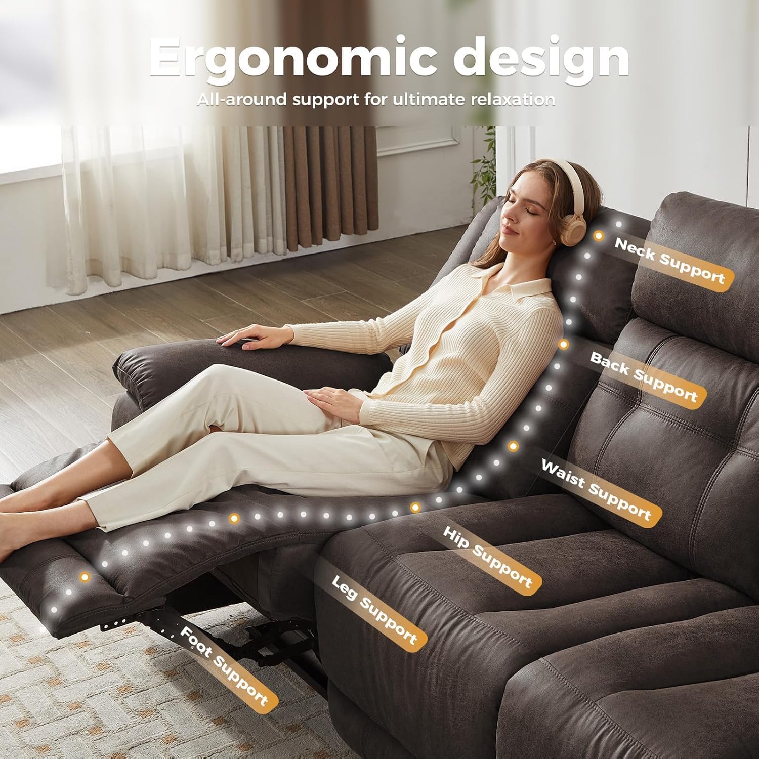 Oversized Manual Recliner Sofa, 86” Extra Wide 3 Seater Reclining Couch for Living Room, Dual Pull Handle Recliners, Upright Middle Seat, One-Piece Design No Assembly Required, Performance Fabric