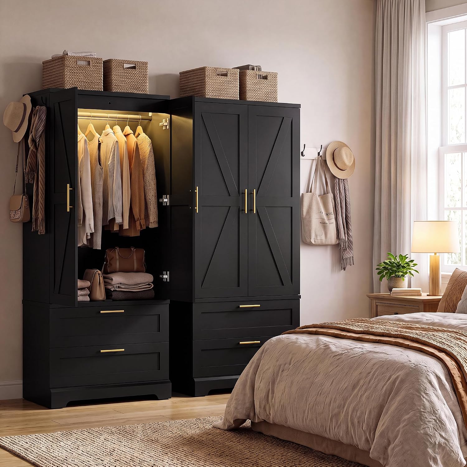 YESHOMY 70.9" Armoire Wardrobe Closet with Sensor Light, 2 Drawers (Black) | 20" Deep Design, Side Hooks, Soft-Close Hinges, Thickened Base Support