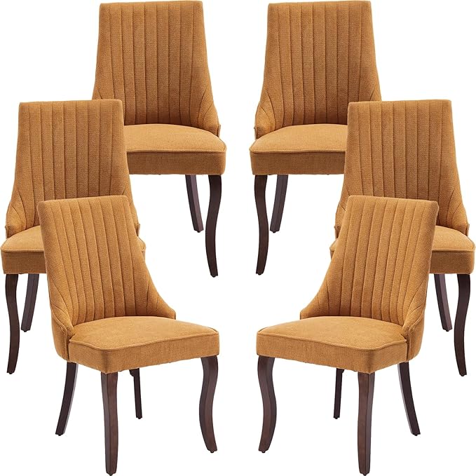 Gold Mid Century Dining Chairs Set, Modern Kitchen & Dining Room Chairs, Linen Upholstered, Sillas de Comedor, Wood Legs (Yellow, 6 Pcs)