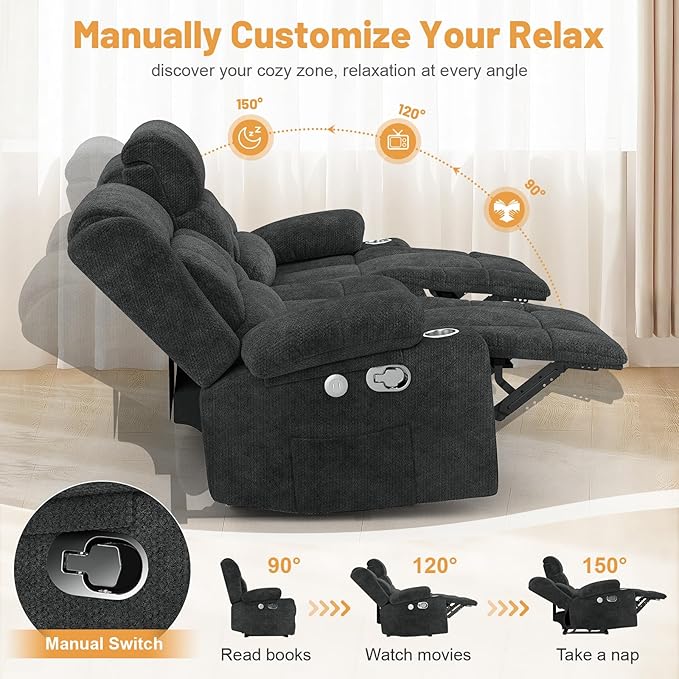 Loveseat Recliner Sofa, Flip Middle Backrest Design 3 Seat Reclining Sofa with Storage Drawer, USB Ports & Cup Holders, Manual Couch for Living Room/RV (New Gray)
