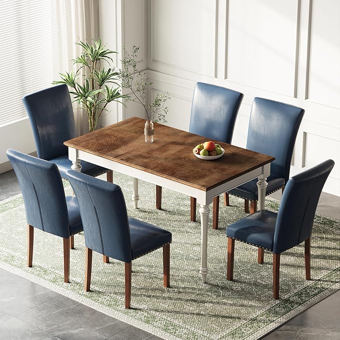 Stylish Dining Chairs Set of 6, Upholstered Parsons Dining Room Chair with Nailhead Trim, Kitchen Room Chair with Thick Cushions and Wood Legs, Nailhead Trim, Blue Leather