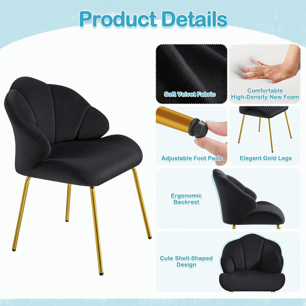 Yaheetech Flower Shape Vanity Chair with Petal Armrests, Black | Velvet Makeup Chair no Wheels with Golden Metal Legs, Modern Side Armchair with Back for Living Room/Bedroom/Home Office
