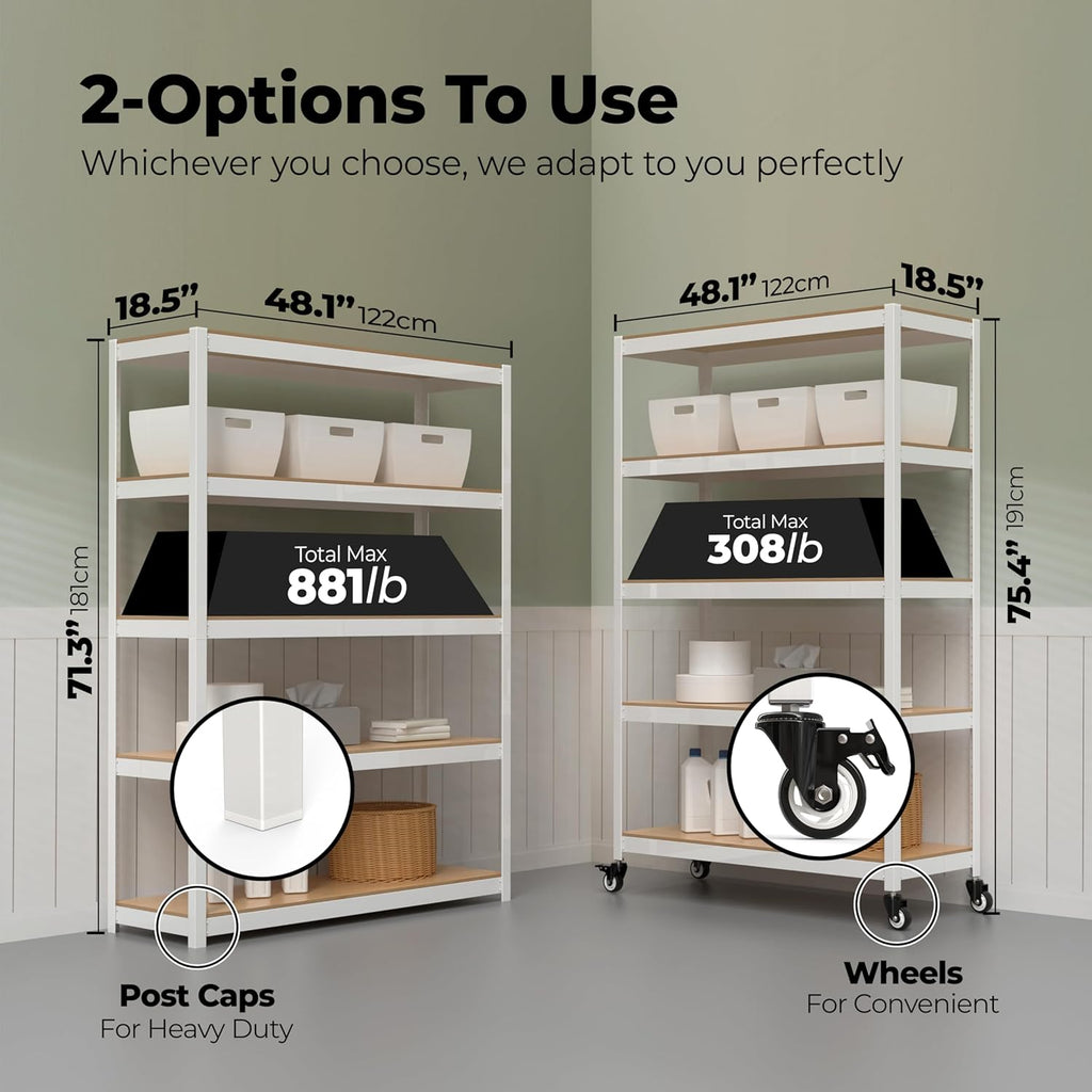 HOMEDANT House White 5-Tier Metal Boltless Rolling Cart Shelf Rack Casters Heavy Duty Wheel Shelving Unit Adjustable Storage Shelves Organizer Shelf Kitchen Garage 48.1" W x 18.5" D x 75.4" H 4Pack