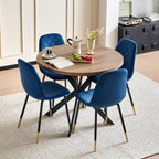 37" Round Table Set for 4, Mid Century Modern Small Kitchen Table Set, Space Saving, Dinette for Home, Apartment, Dining Room (Imitation Wood Table+ 4 Navy Blue Velvet Chairs)