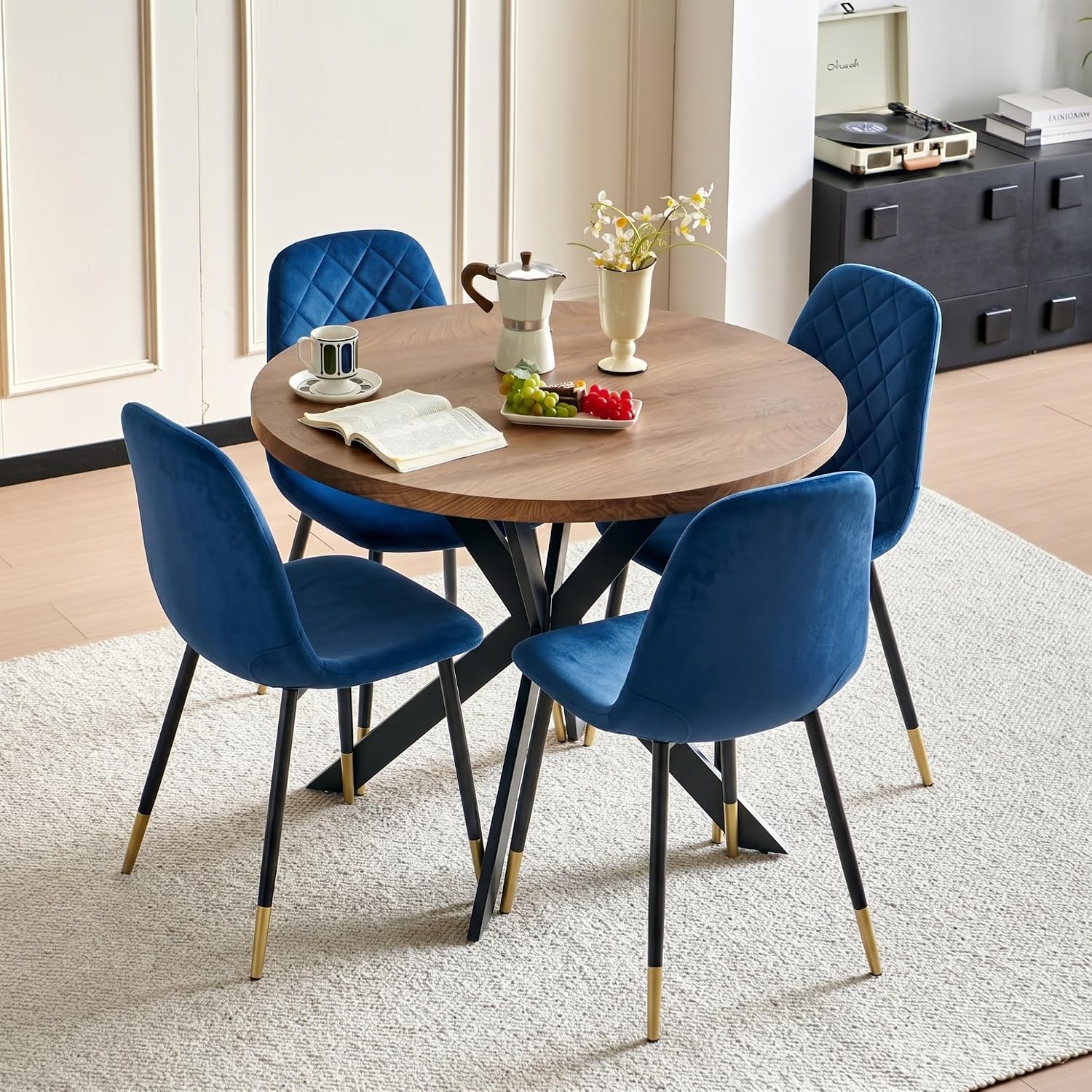 37" Round Table Set for 4, Mid Century Modern Small Kitchen Table Set, Space Saving, Dinette for Home, Apartment, Dining Room (Imitation Wood Table+ 4 Navy Blue Velvet Chairs)