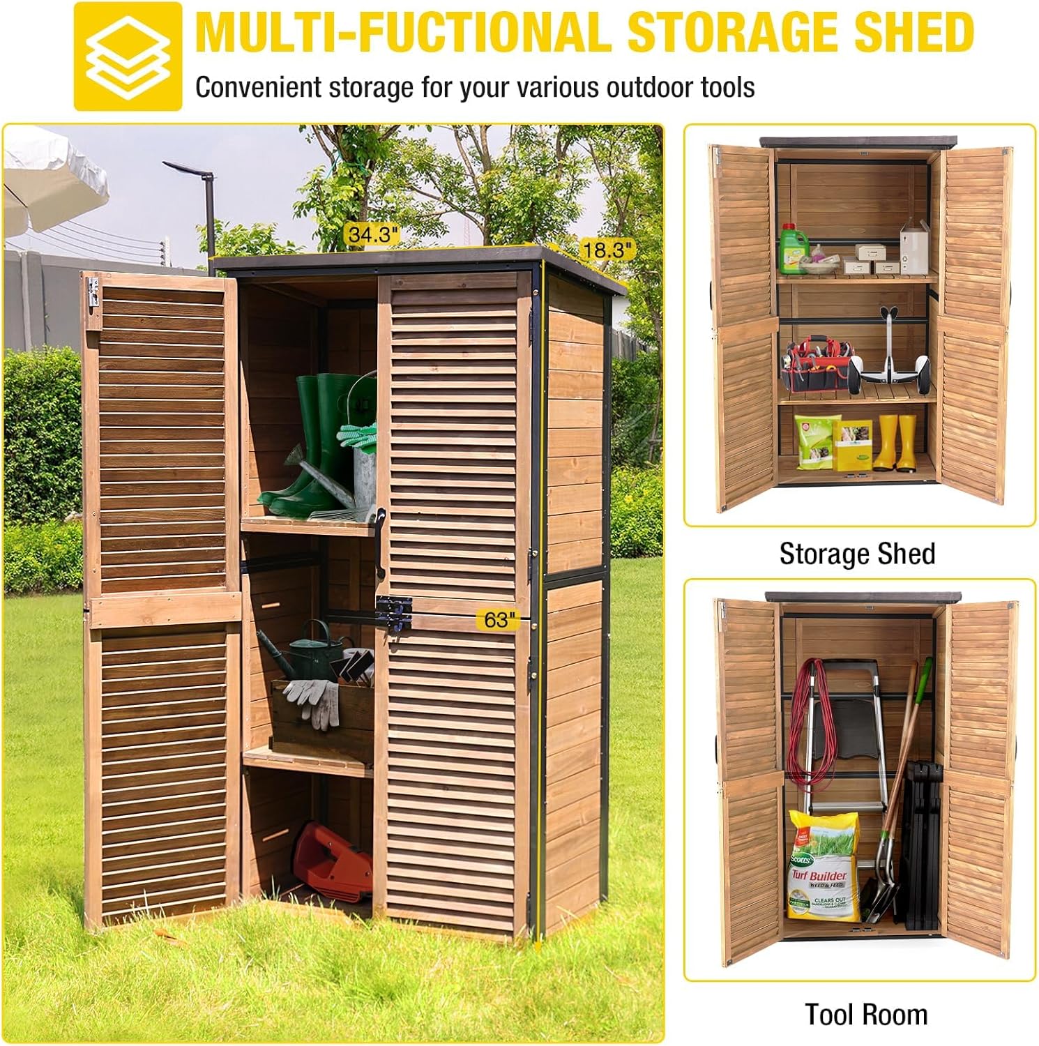Aivituvin Outdoor Storage Shed with Adjustable Shelves and Floor, Garden Sheds with Iron Frame and Wooden Frame, Outdoor Tool Cabinets with Inclined Weatherproof Roof