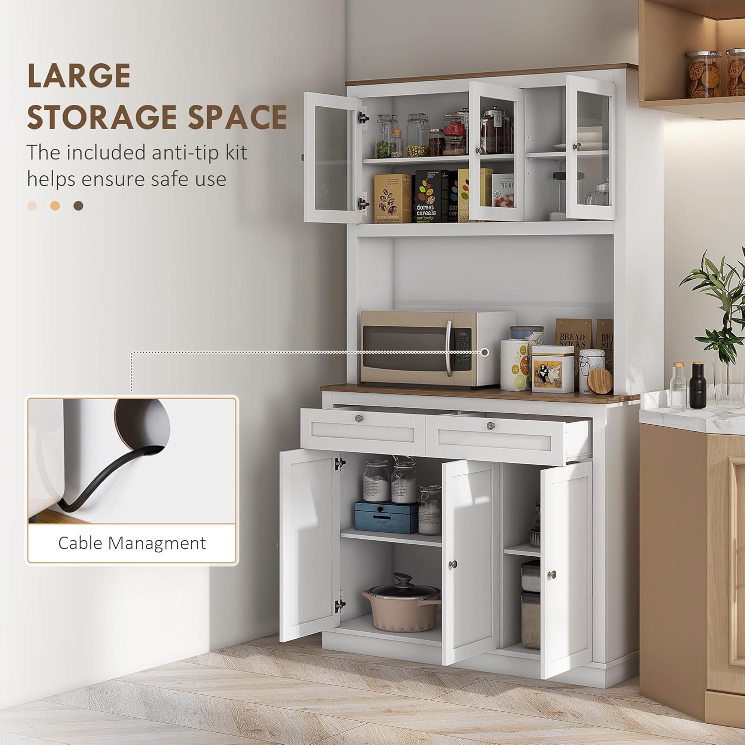 71" Tall Kitchen Pantry Storage Cabinet with Microwave Stand, Freestanding Buffet with Hutch 2 Drawers Adjustable Shelves and Glass Doors for Kitchen, Dining Room, White