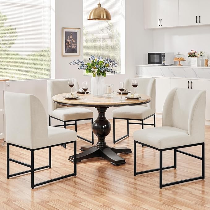 Yaheetech Upholstered Dining Chairs Set of 4 Modern Kitchen Chairs with Mid Back Padded Seat and Metal Legs for Dining Room, Living Room, Restaurant, Armless Design, Beige