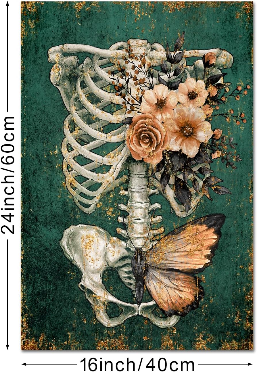 iKNOW FOTO Vintage Human Skull Canvas Wall Art, Floral Butterfly Skeleton Ana...