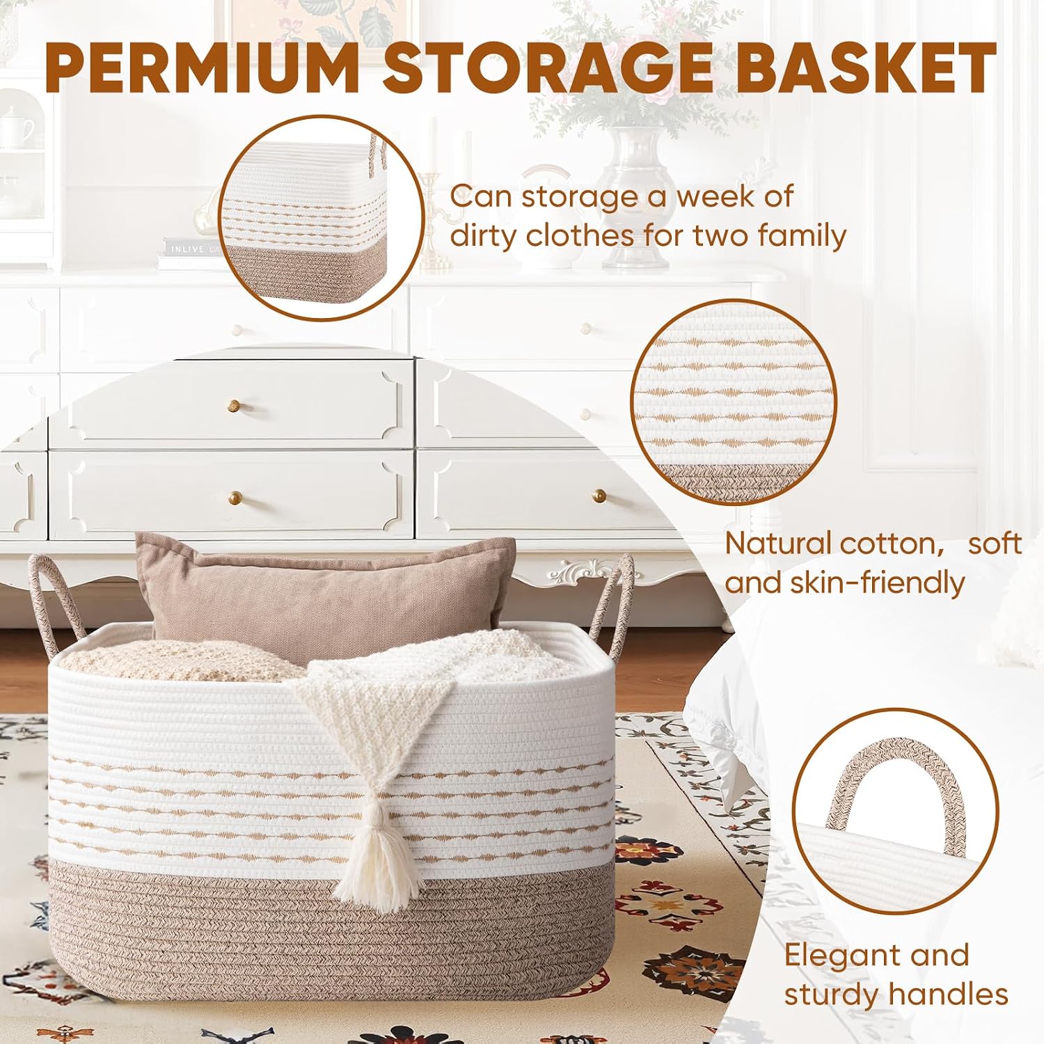 OIASKET 75L Large Cotton Rope Storage Basket, Soft Decorative Blanket Basket for Living Room & Bedroom, Boho Laundry Hamper with Handles Capable of Holding Pillows, Clothes and Toys-Brown & White