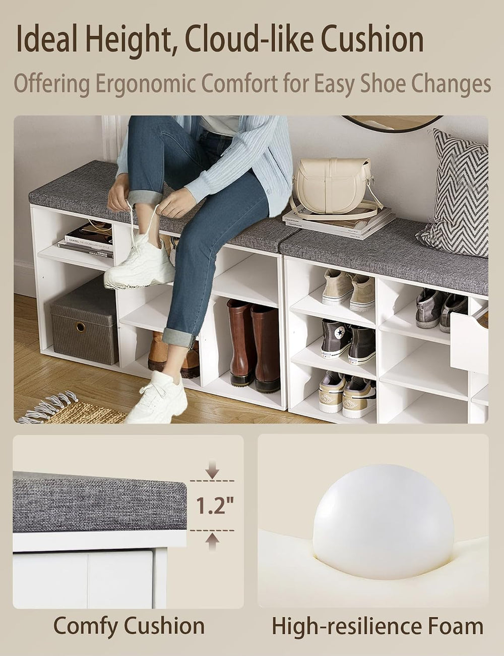 DINZI LVJ Shoe Storage Bench with Cushion, Cubby Shoe Rack with 9 Cubbies, Ad...