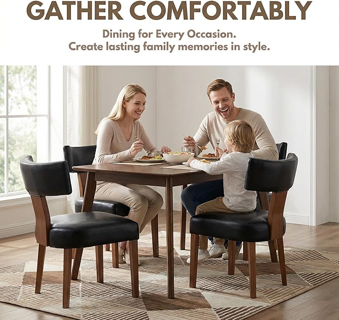 HNY Mid Century Modern Dining Chairs Set of 4, Farmhouse PU Leather Upholstered Accent Chair Curved Backrest Kitchen Chairs, with Hardwood Frame, Black