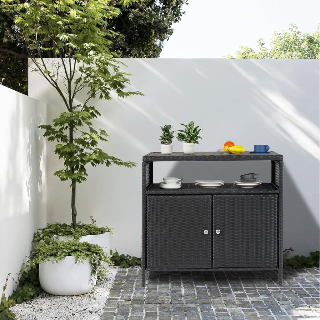 Garvee Patio Outdoor Wicker Storage Cabinet with Shelf, Powder Coated Steel, Patio Bar Table with 2-Door and Shelf, All Weather Resin Wicker, Patio Pool Garden Kitchen, Grey Table