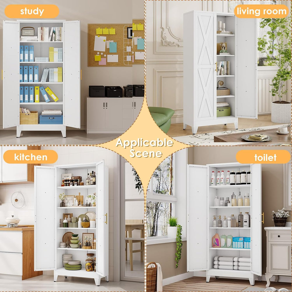 71" H Metal Kitchen Pantry Storage Cabinet, Freestanding Cupboard with 2...