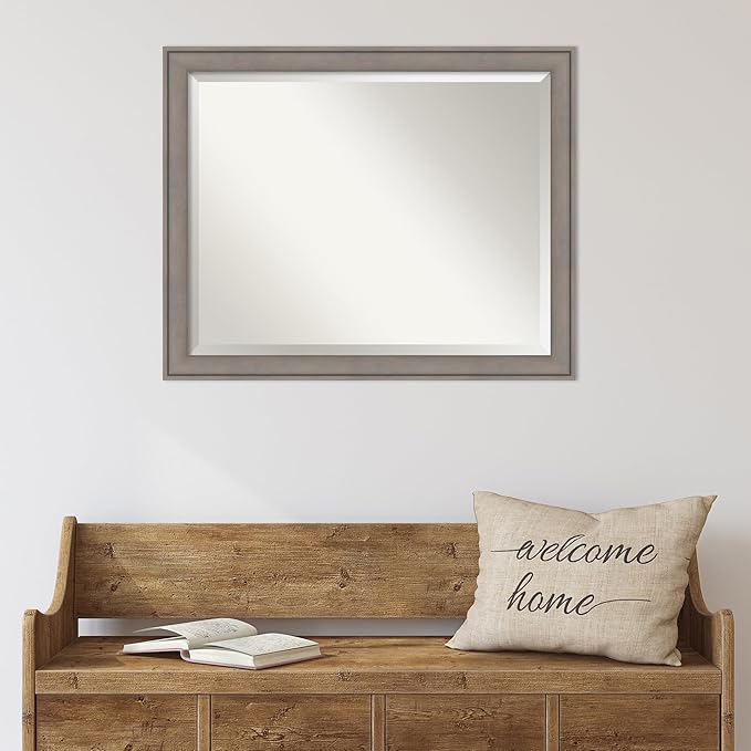 Amanti Art Grey Wall Mirror 26x32 Greywash Rectangle Bathroom Mirror for Wall Decor Living Room, Large Country Rustic Wood Frame, Hangs Horizonally and Vertically, Bathroom Decor, Beveled Edge