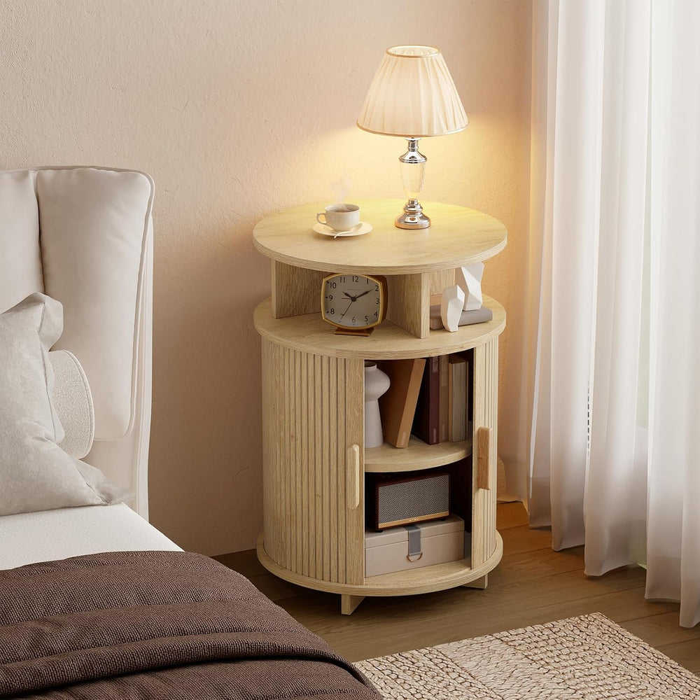 RALGEND Round Fluted End Tables, Round End Table with Charging Station, Flute...
