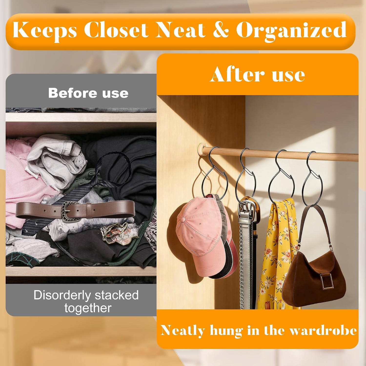4 Pack Belt Hanger for Closet – Rust-Proof Belt Organizer & Tie Rack, Multi-Use Hanger for Scarves, Hats, Bags & Closet Accessories, Black