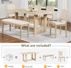 KEIKI 6-Piece Standard Height Dining Table Set with Rectangular Table, 4 Upholstered Curved Backrset Chair, Bench, for 6 Person, Modern Table Set, Easy Assembly, for Kitchen, Dining Room, Beige
