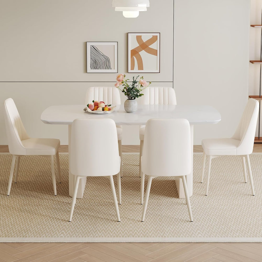 White Dining Table Set for 6, 67'' Marble Dining Table Set with 3.5&#...