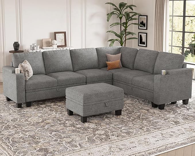 Belffin Chenille Modular Sectional Sofa Convertible L Shaped Corner Couches for Living Room with Storage Armrest with Cup Holder Light Grey Couch
