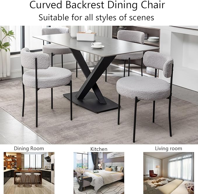 Boucle Dining Chairs Set of 2, Upholstered Dining Room Chairs with Black Metal Legs, Round Modern Dining Chair for Dining Room, Kitchen (Light Grey)