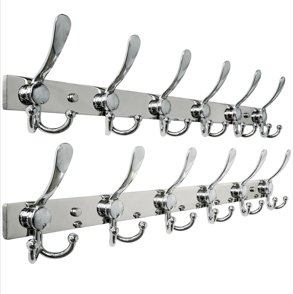 Dseap Coat Rack Wall Mount 2.0 Pro: 24” Long, 3X Tougher, Heavy Duty Stainless Steel Wall Coat Hanger with 6 Tri Hooks for Clothes Jackets Hats Entryway Closet, Chromed, Pack of 2
