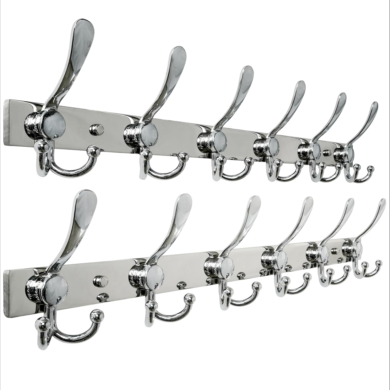 Dseap Coat Rack Wall Mount 2.0 Pro: 24” Long, 3X Tougher, Heavy Duty Stainless Steel Wall Coat Hanger with 6 Tri Hooks for Clothes Jackets Hats Entryway Closet, Chromed, Pack of 2