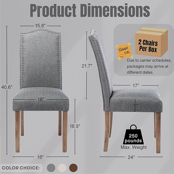 Upholstered Dining Chair Modern Stylish Parsons Kitchen Diner High Back with Silver Nailhead Trim & Wood Legs, Set of 6, Fabric Classic Grey