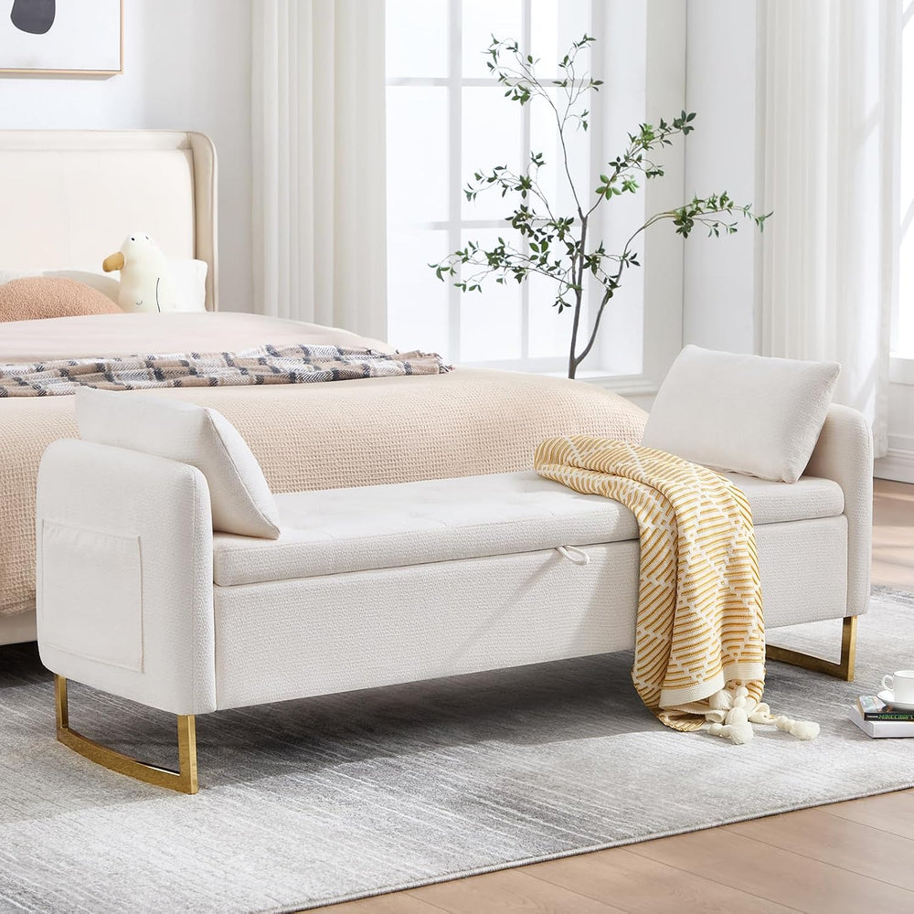 Storage Bench for Bedroom, 65 Inch End of Bed Storage Bench Cream | Chenille ...
