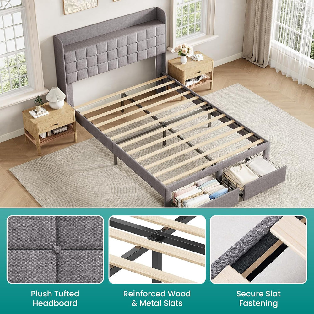 DUMOS Full Bed Frame, Upholstered Platform Bed Frame with Storage Drawers