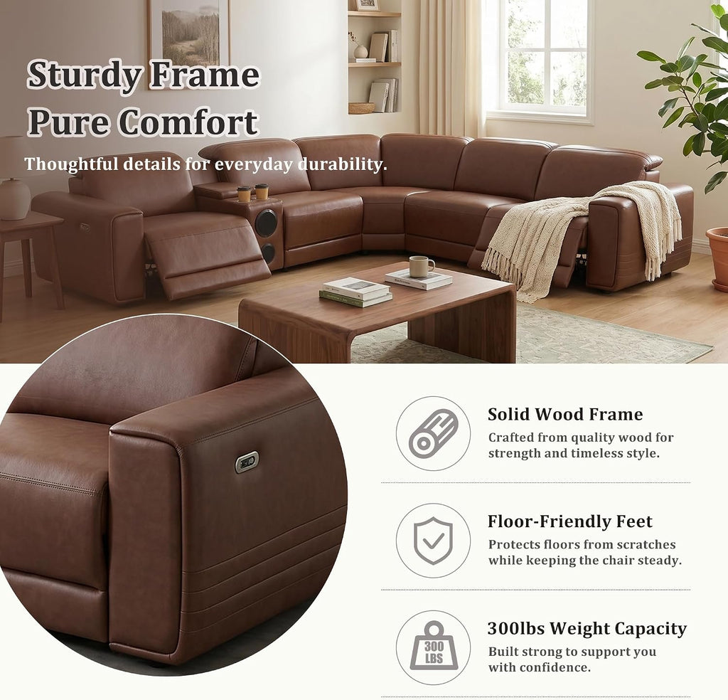 Power Recliner Sectional Sofa, L-Shaped Living Room Furniture Set, Reclining Sectional Couch with Storage Console/Cup Holder for Living Room/House/Apt (Brown, 5 Seater)