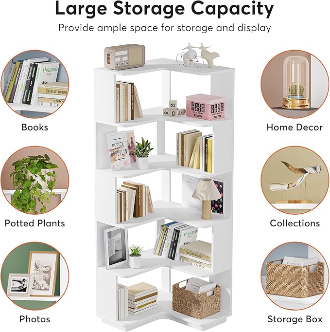 LITTLE TREE Corner Bookshelf, 64.9 Inch Tall Bookcase with Anti-Drop Panel, M...