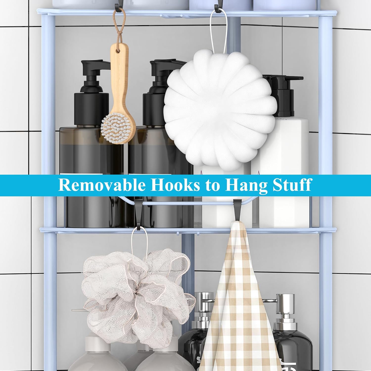 3 Tier Floor Standing Corner Shower Caddy Organizer Shelf with Hooks, Bathroom Shelves Stand Rack, Blue