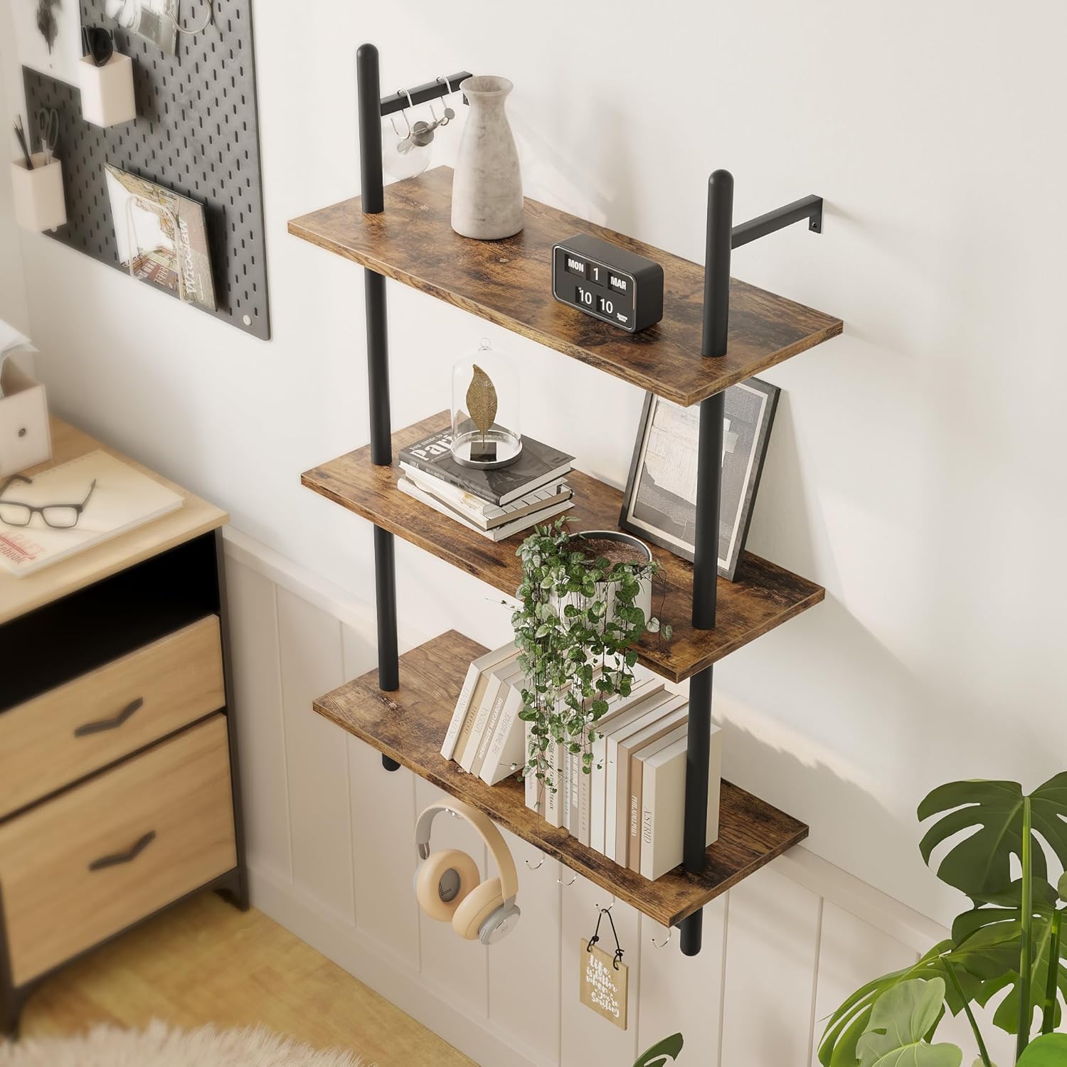 Bestier 3 Tier Industrial Pipe Shelving, Floating Kitchen Shelves for Wall, Storage Coffee Bar Hanging Shelves with Towel Bar for Kitchen Living Room Bathroom Organizer Bedroom, 24 Inch Rustic Brown