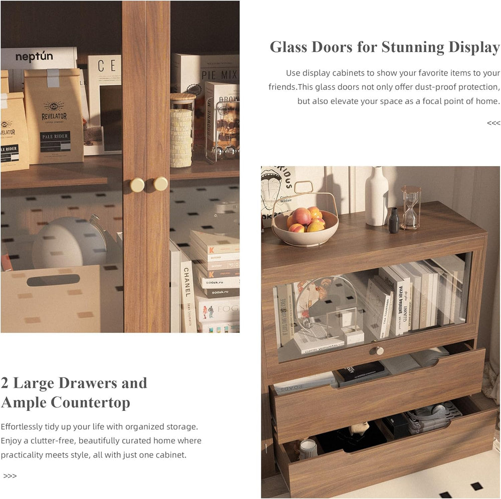 DIY Storage Cabinet 63'' Walnut - Glass Doors & Drawers Sideboard...