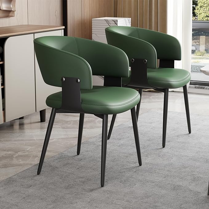 Modern Dining Chairs Set of 6, Faux Leather Upholstered Kitchen Chairs with Curved Back and Metal Legs, Mid Century Chairs for Dining Room, Kitchen, or Café (Green)