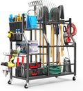 Large Garden Tool Organizer, 36" L x 37.25" H Metal Yard Tool Storage Rack with Multi Tier Shelves, Long-Handle Tool Holder with Wide & Narrow Slots, Hooks & Storage Pockets for Garage
