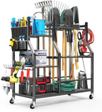 Large Garden Tool Organizer, 36" L x 37.25" H Metal Yard Tool Storage Rack with Multi Tier Shelves, Long-Handle Tool Holder with Wide & Narrow Slots, Hooks & Storage Pockets for Garage