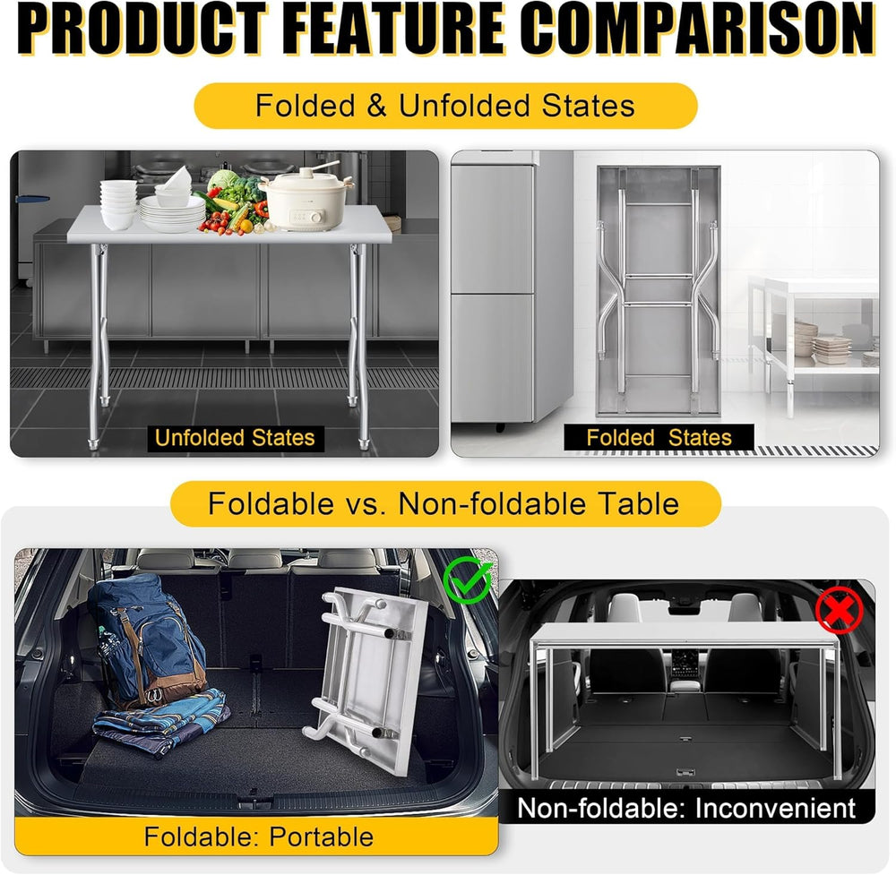 Foldable Stainless Steel Table 48x24 Inch, 1-Tier Portable Workstation, Comme...