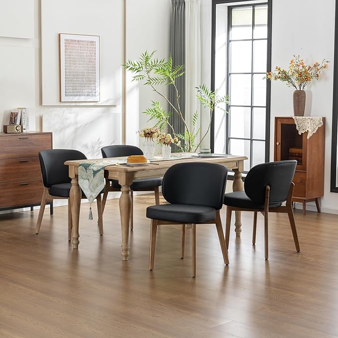 YOUNIKE Dining Chair with High Back Set of 4 Mid Century Modern Kitchen Chair Faux Leather Upholstered Armless Chair 20" Wide Padded Seat with Wooden Legs for Kitchen Dining Living Room Bedroom Black